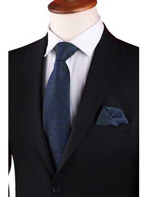 Kravatkolik Yeşil Çiçek Desen Mendilli Klasik Kravat KK13135