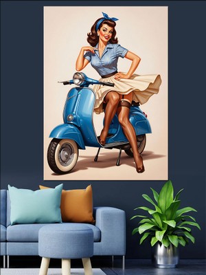 Artmeg Retro Scooter Süren Pin Up  Kız Dekoratif Kanvas - Mdf Ahşap Tablo