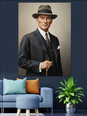 Karizma Tablo Fötr Şapkalı Mustafa Kemal Atatürk Portresi Dekoratif Kanvas - Mdf Ahşap Tablo