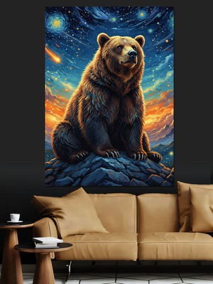 Tablomega Yıldızlı Gecede Oturan Kahverengi Ayı Portresi Dekoratif Kanvas - Mdf Ahşap Tablo