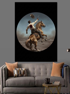 Artmeg At Üstünde Vurulmuş Kovboy Vahşi Batı Görseli Dekoratif Kanvas - Mdf Ahşap Tablo