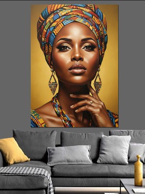 Karizma Tablo Etnik Desenli Başlıklı Afrikalı Kadın Portresi Sarı Fon Dekoratif Kanvas - Mdf Ahşap Tablo