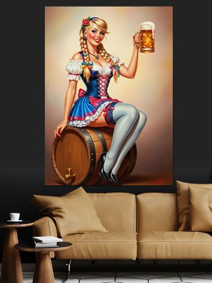 Tablomega Fıçı Üstünde Pin-Up Kız Dekoratif Kanvas - Mdf Ahşap Tablo