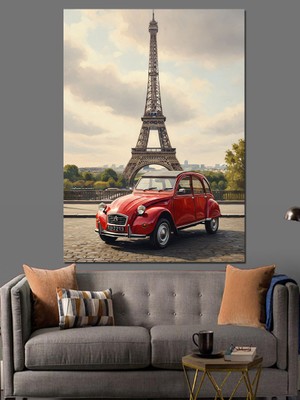 Tablomega Kırmızı Araba Eyfel Kulesi Dekoratif Kanvas - Mdf Ahşap Tablo
