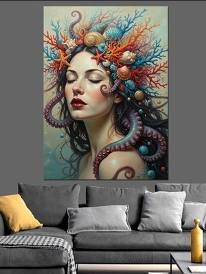 Artmeg Ahtapot Kolları ve Renkli Deniz Kabukları Ile Süslü Deniz Kızı Portresi Dekoratif Kanvas - Mdf Ahşap Tablo