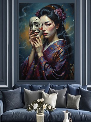 Artmeg Yüz Maskeli Uzakdoğulu Japon Kadın  Dekoratif Kanvas - Mdf Ahşap Tablo