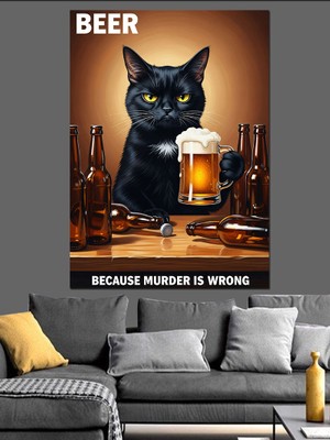 Artmeg Bira Içen Siyah Kedi Dekoratif Kanvas - Mdf Ahşap Tablo