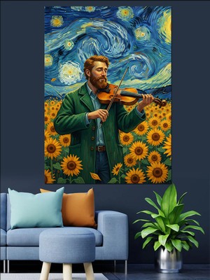 Artmeg Van Gogh Tarzı Yıldızlı Gecede Ayçiçek Tarlasındaki Kemancı Adam Dekoratif Kanvas - Mdf Ahşap Tablo
