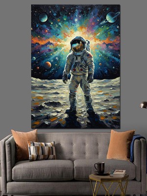 Artmeg Aydaki Astronot, Gezegen ve Uzay Boşluğu Manzarası Dekoratif Kanvas - Mdf Ahşap Tablo