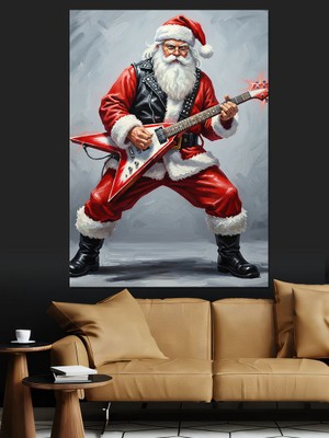 Artmeg Rock Gitar Çalan Noel Baba  Dekoratif Kanvas - Mdf Ahşap Tablo