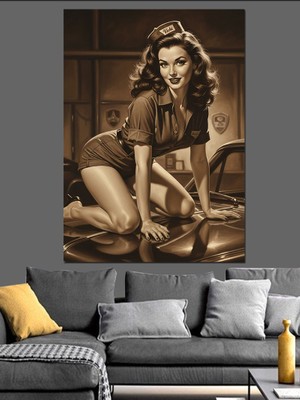 Artmeg Araba Kaportasındaki Retro Tamirci Kadın Siyah Beyaz Dekoratif Kanvas - Mdf Ahşap Tablo