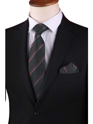 Kravatkolik Yeşil Çizgi Desen Mendilli Klasik Kravat KK12916