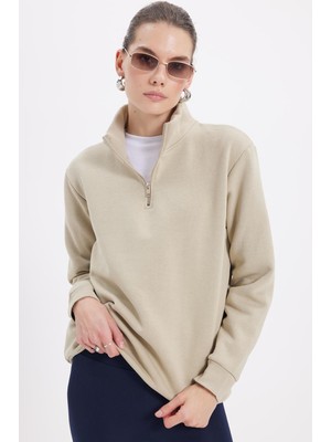 Tudors Kadın Relax Fit Rahat Kesim Pamuklu Içi Polarlı Yarım Fermuarlı Bej Dik Yaka Sweatshirt