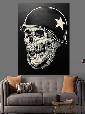 Artmeg Che Sembolü Kasklı Kurukafa Çizimi Siyah Beyaz Dekoratif Kanvas - Mdf Ahşap Tablo