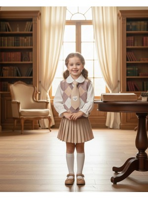 Beren | Kız Çocuk Triko Yelekli Şık Takım Gömlek& Kravat & Pileli Etek Seti Klasik Kombin 2-5 Yaş