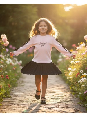 Suna Kız Çocuk Fiyonk Detaylı Uzun Kollu Ribana Bluz ve Piliseli Etek Takımı 2-5 Yaş