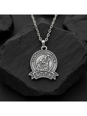 Alooya Tengri Biz Menen Göktürkçe Gümüş Kaplama Düz Zincir Kolye