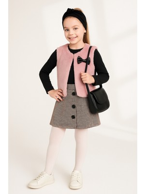 Ahengim Kız Çocuk Fırfır Yakalı Bluz & Ekose Şort Etek 2  Li Set Takım AK4155