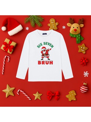 Mixxi Fashion Six Seven Baskılı Yılbaşı Yeni Yıl Noel Uzun  Kollu Unisex Tişört (4-13 Yaş)