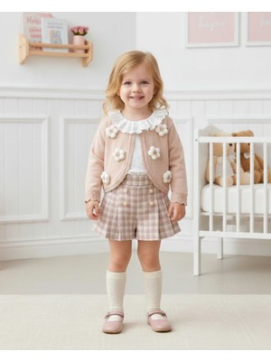 Ceren I Kız Çocuk Çiçek Işlemeli Örgü Triko Hırka, Bluz ve Şort Etek 2-3-4-5 Yaş | 4112