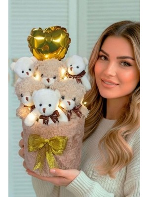 Sole Deluxe Krem Peluş Silindir Kutuda, LED Işıklı Kalpli Balonlu 6’lı Boz Ayıcık Buketi - Sevdiğine Hediye