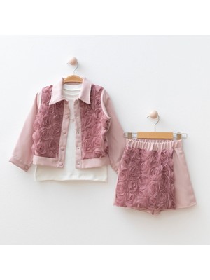 My Lusa Baby Bingül Kız Çocuk 3’lü Gül Detaylı Takım – Ceket, Penye ve Şort | 2-5 Yaş