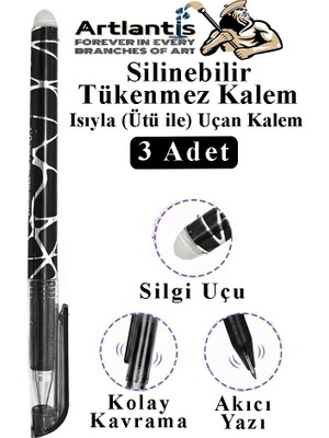 Artlantis Siyah Silinebilir Tükenmez Kalem 3 Adet Bıa Silinebilir Jel Pilot Kalem Mürekkepli Kolay Silinebilir Kumaş Kalemi