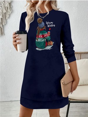 Etiler Collection Kadın Uzun Kollu Bisiklet Yaka Desenli Viskon Iki Iplik Elbise