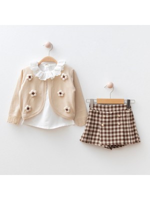 Ceren I Kız Çocuk Çiçek Işlemeli Örgü Triko Hırka, Bluz ve Şort Etek 2-3-4-5 Yaş | 4112