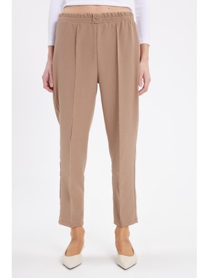 Tudors Kadın Relax Fit Rahat Kesim Yüksel Bel Düz Paça Beli Lastikli Vizon Pantolon