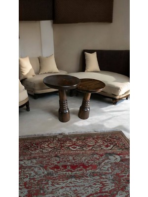 Wood Ahşap 2'li Set Boğumlu Mantar Yan Sehpa Modern Fiskos / Ceviz Renk / Zigon Sehpa Vernikli