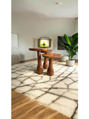 Wood Ahşap 3lü Set Fitilli Mantar Yan Sehpa Boğumlu Model / Açık Ceviz Renk / Zigon Sehpa Vernikli