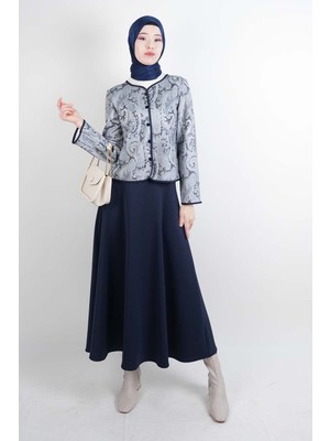 Tesettür Takım Üst Ceket Desenli Scuba Etekli Ikili Takım Lacivert