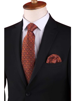 Kravatkolik Turuncu Motif Desen Mendilli Klasik Kravat KK13060