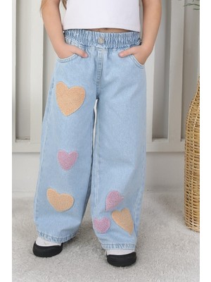 Canan Çakmak Premium Kalite Mavi Geniş Paça Kalp Desenli Jean Denim Kız Çocuk Pantolon