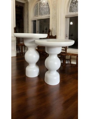 Wood Wooden Ahşap Beyaz Renk 2'li Set Fitilli Mantar Yan Sehpa Modern Fiskos / Zigon Sehpa