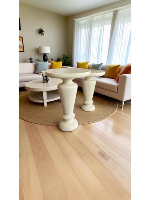 Doğal Masif Ahşap Yan Sehpa 2li Set Krem Renk Zigon ve Fiskos Sehpa