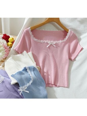 İsra Ayyıldız Moonstar Collection Zarif Dantelli Kurdeleli Basic Vücudu Saran Crop Top