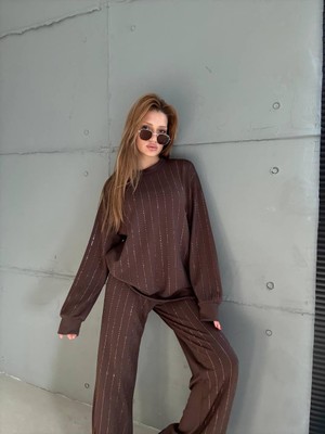 Cemo Siyah Ince Çizgili Taş Detaylı Uzun Kollu Eşofman/sweat Takımı