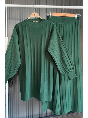 Kirazca Butik Kadıntriko Fitilli Balon Kol Ikili Takım Tunik Pantolon Tesettür Takım