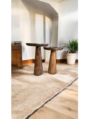 Wood Ahşap 2'li Set Fitilli Mantar Yan Sehpa Modern Fiskos / Ceviz Renk / Zigon Sehpa Vernikli