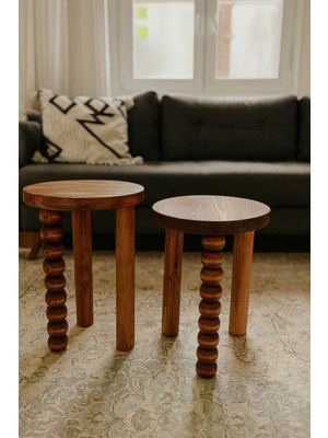 Masif Ahşap Fındık Renk Yan Sehpa 2li Zigon ve Fiskos Sehpa Seti