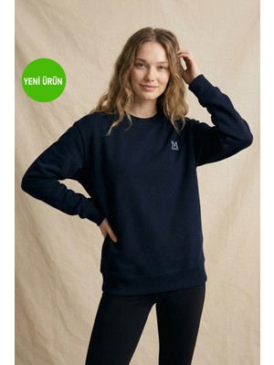 Unisex Bisiklet Yaka Oversize Sweatshirt İçi Pamuklu 3 İplik Şardonlu Rahat Kalıp Günlük Lacivert