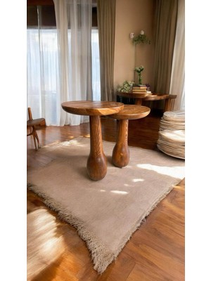 Wood Ahşap 2'li Set Fitilli Mantar Yan Sehpa Modern Fiskos / Açık Ceviz Renk / Zigon Sehpa Vernikli