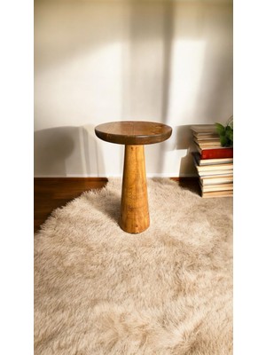 Wood Wooden Ahşap Konik Model Tekli Mantar Yan Sehpa Modern Tik Ağacı Renk Fiskos