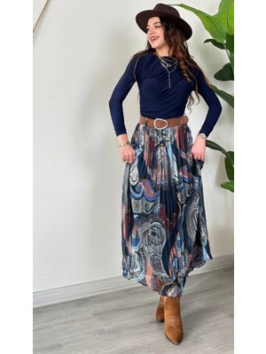 Şamdan Kemerli Desenli Astarlı Şifon Etek