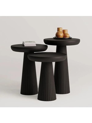 Wood Ahşap 3 Lü Set Mantar Yan Sehpa Konik Model / Siyah Renk / Zigon Sehpa