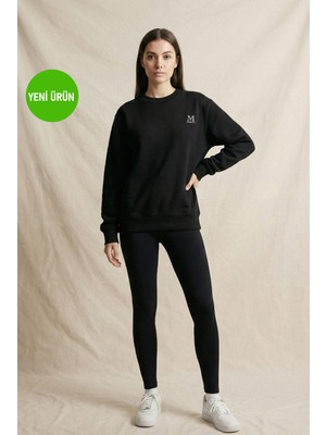 Unisex Bisiklet Yaka Oversize Sweatshirt İçi Pamuklu 3 İplik Şardonlu Rahat Kalıp Günlük Basic Siyah