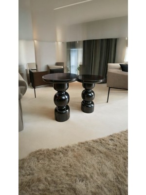 Wood Ahşap 2'li Set Vazo Mantar Yan Sehpa Modern Fiskos /siyah Renk / Zigon Sehpa Vernikli