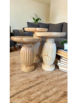 Wood Wooden Ahşap 3lü Set Fitilli Mantar Yan Sehpa Modern Naturel Renk Fiskos
